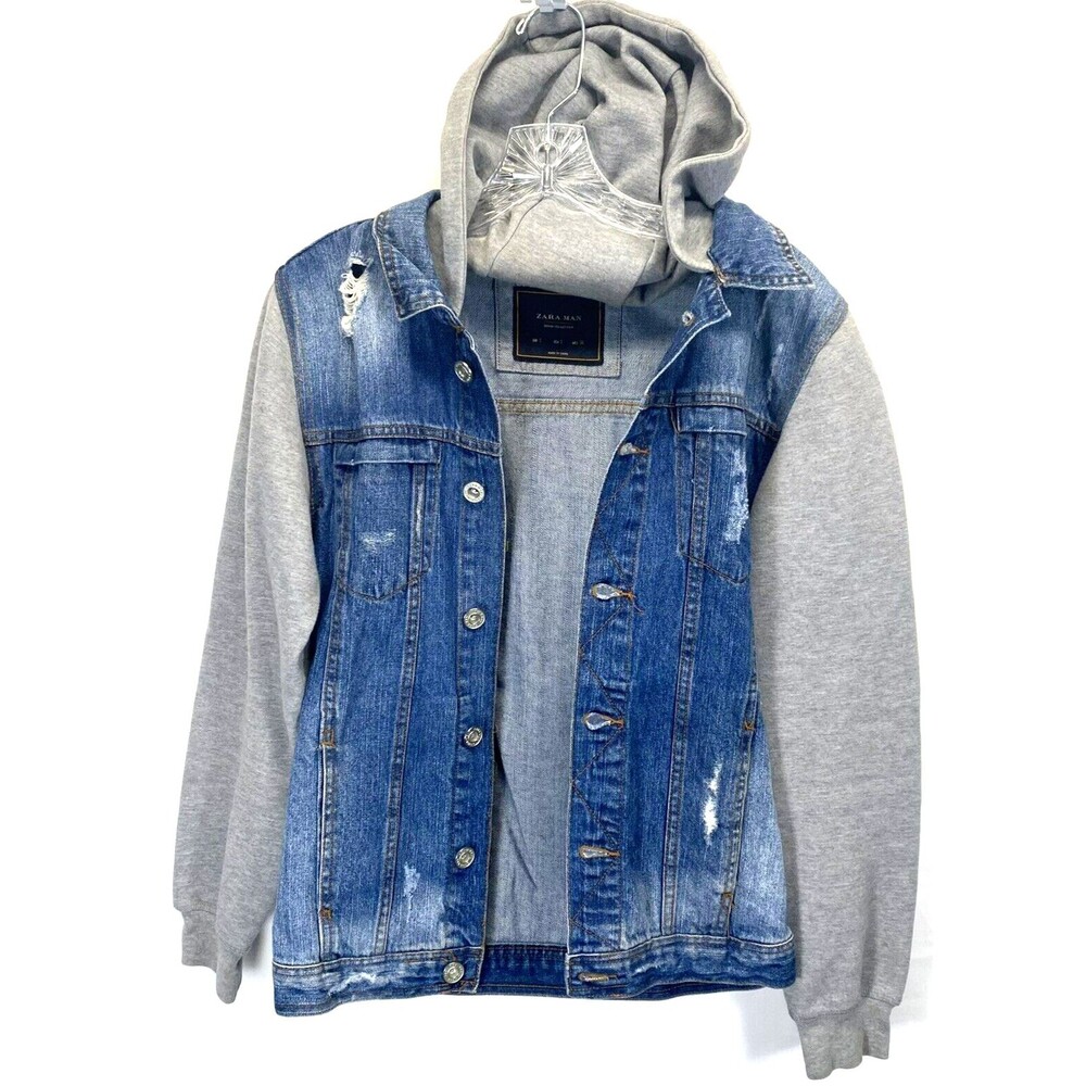 Zara Man Women's Small Hooded Distressed Trucker Jacket Stretch Denim Sweatshirt